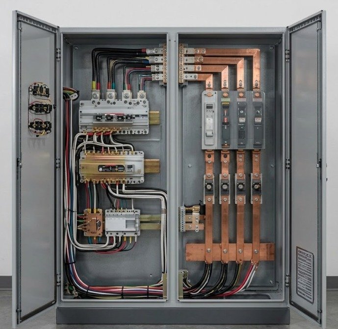Quadro de comando aberto com circuitos